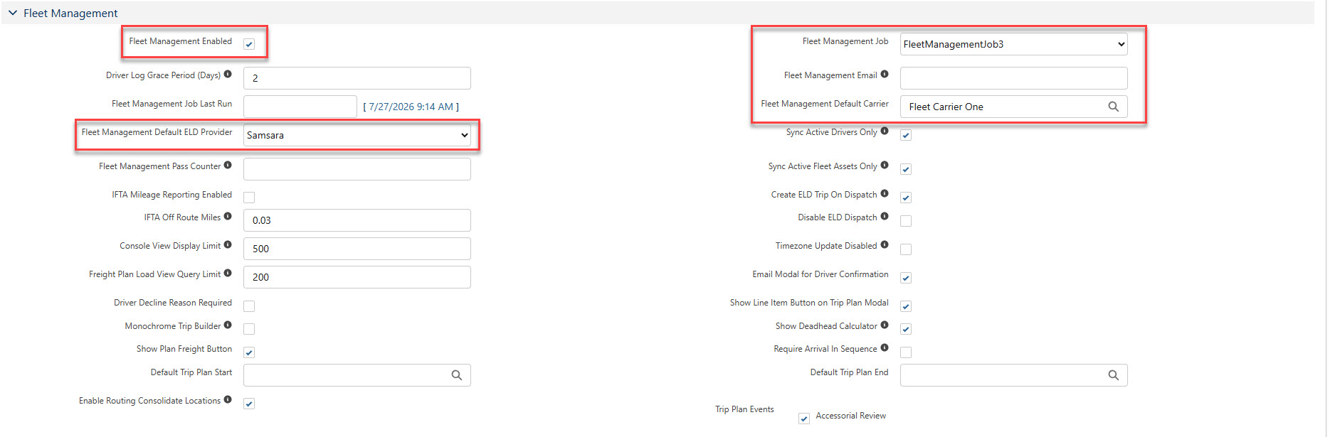 Fleet management settings highlighting the Fleet Management Enabled setting, Fleet Management Job, and other Fleet settings.